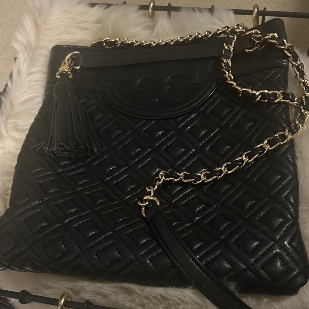 Tory Burch Black Quilted Shoulder Bag with Gold Chain